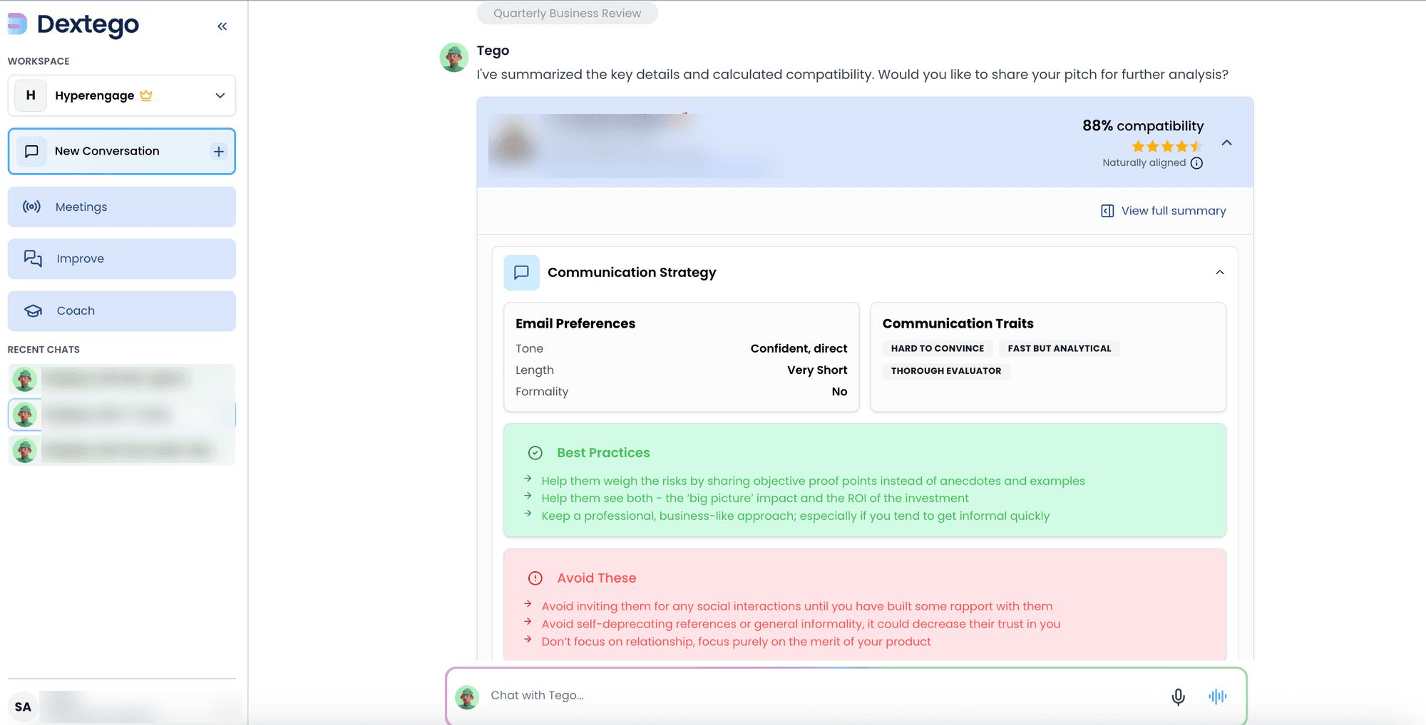 Dextego's Tego coach showing a buyer's compatibility score, email preferences, communication traits and what to do and avoid