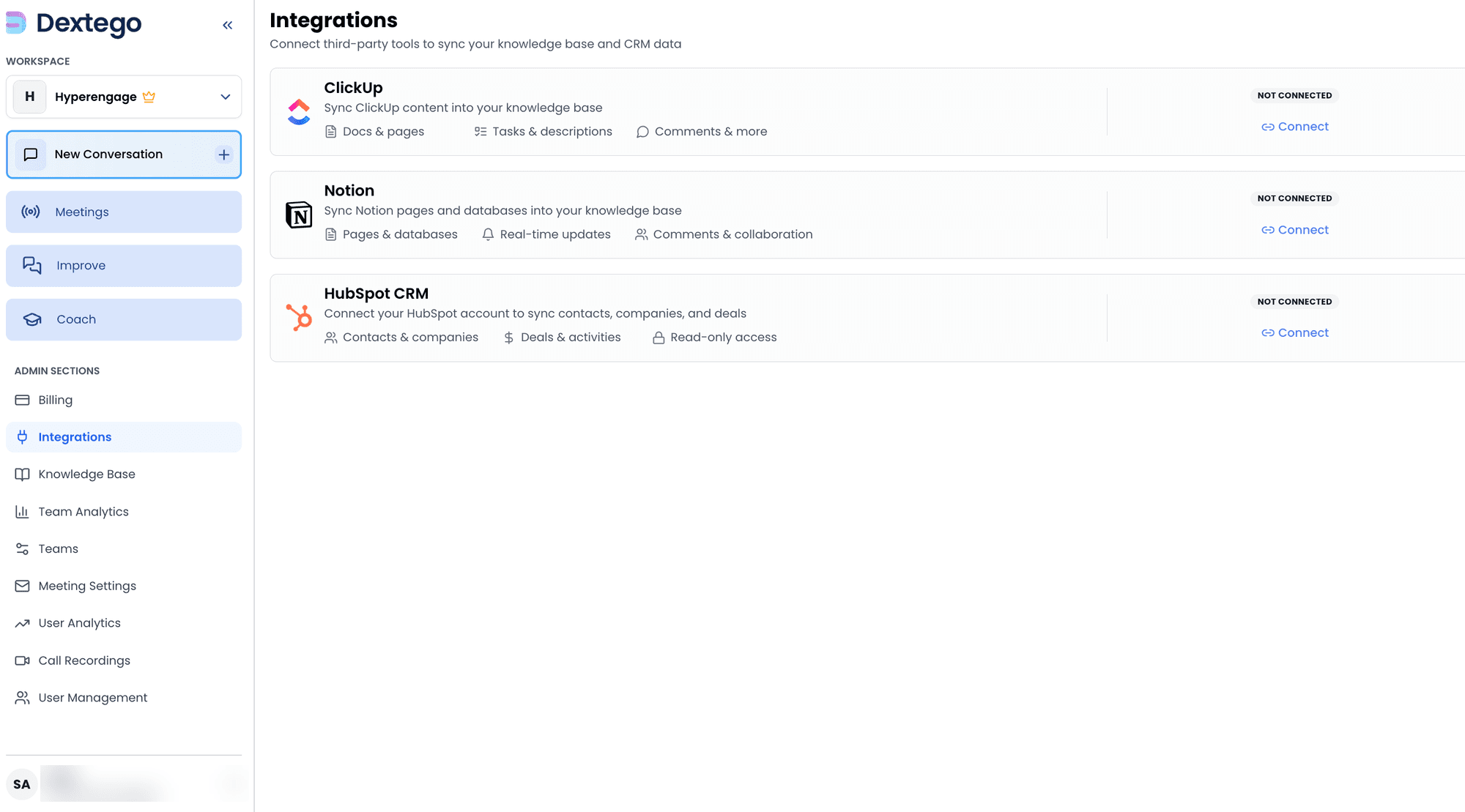 Dextego admin integrations page with ClickUp, Notion and HubSpot CRM connectors