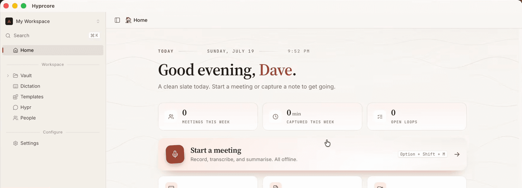 Hyprcore home screen: workspace sidebar, this week's meetings and a Start a meeting action